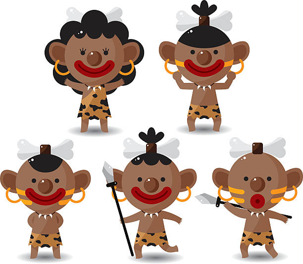 set of Indigenous people 5 cute cartoon Indigenous people,vector african warrior symbols drawing stock illustrations