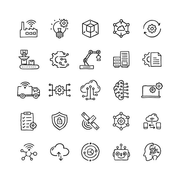 Set of Industry 4.0 related objects and elements. Hand drawn vector doodle illustration collection. Hand drawn icon set. Set of Industry 4.0 related objects and elements. Hand drawn vector doodle illustration collection. Hand drawn icon set. factory drawings stock illustrations