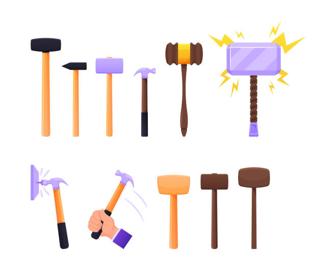 Set of Instruments Sledge Hammer, Wooden and Metal Thor Mallet. Working Tools of Carpenter, Builder Handles Steel Base Set of Instruments Sledge Hammer, Wooden and Metal Thor Mallet. Working Tools of Carpenter, Builder Handles and Steel Base for Hammering Nails and Breaking Objects. Cartoon Vector Illustration, Icons thor hammer stock illustrations
