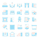 Set of Interior Design and Home Decoration Related Flat Line Icons. Simple Outline Symbol Icons.