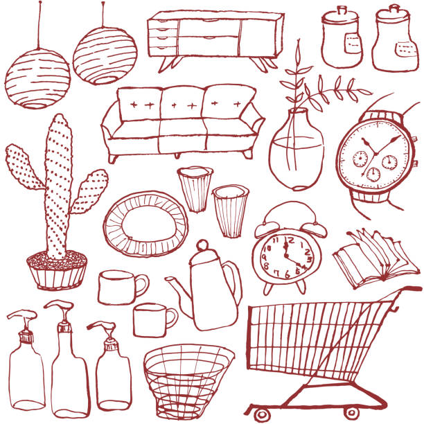 Set of interior goods. hand drawn illustrations. Set of hand drawn interior and general goods. supermarket drawings stock illustrations