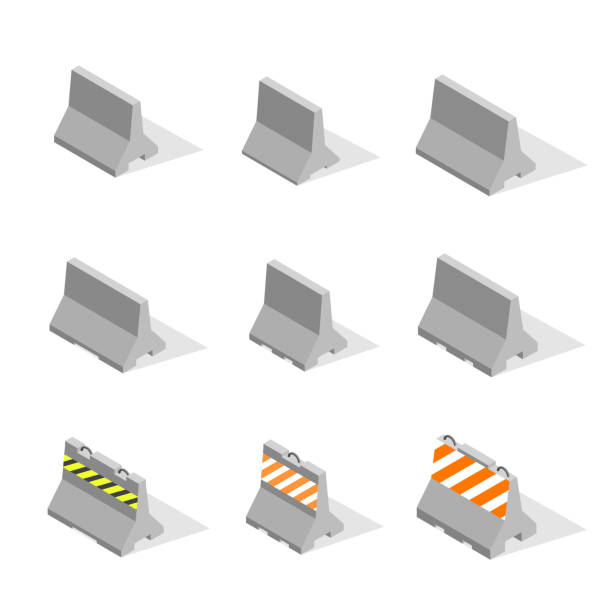 Set of iron concrete road barriers in 3D, vector illustration. Set of iron concrete road barriers with a markup, isolated on white background. Flat 3D isometric style, vector illustration. concrete clipart stock illustrations