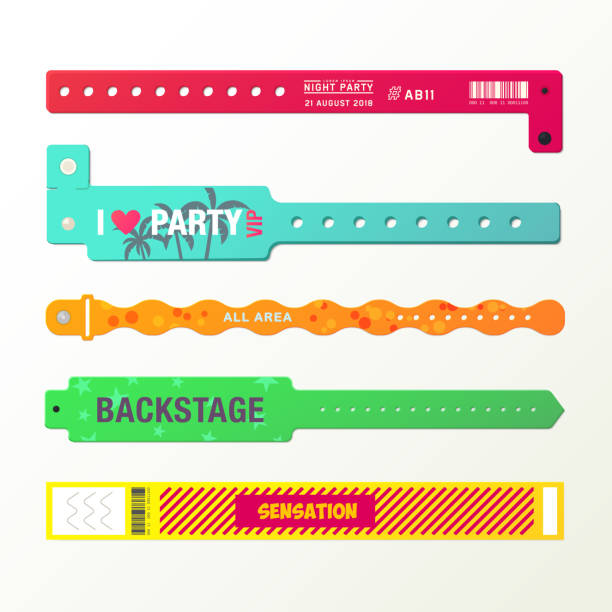 Set of isolated arm bracelets or wristlets Plastic event access bracelets, wristlet for party entrance or wristband for concert backstage identification, stadium fan zone id, arm bracelet for security checking. Identity and vip, event theme wristband stock illustrations