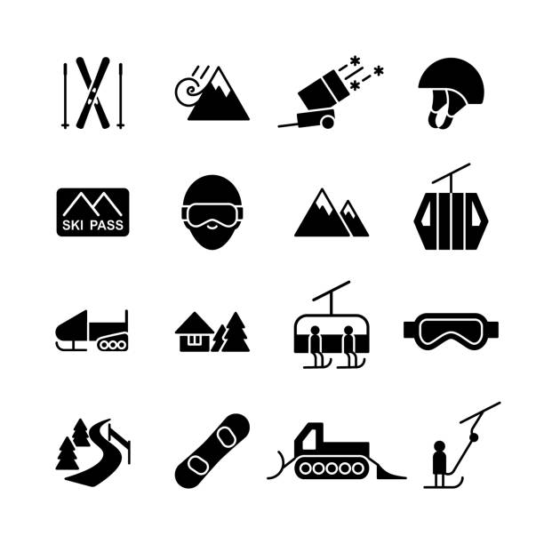 Set of isolated black icons of winter extreme sport on white background. Collection of silhouette of winter mountain sport icons. Logo flat design. Set of isolated black icons of winter extreme sport on white background. Collection of silhouette of winter mountain sport icons. Logo flat design t bar ski lift stock illustrations