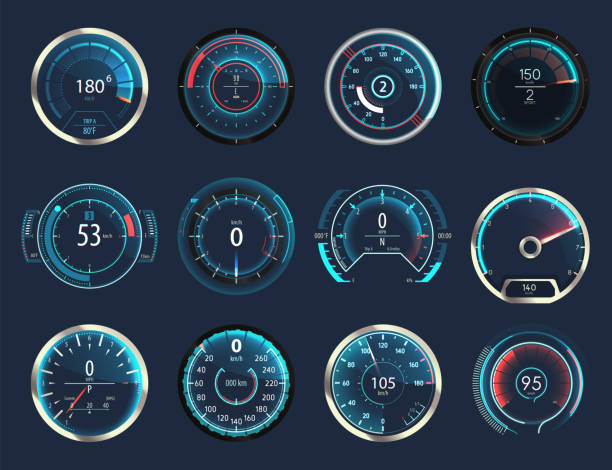 Set of isolated car or moto, truck speedometer Set of isolated car or moto, truck speedometer. Motorbike or motorcycle, auto or automobile, lorry speed measure gauge. Odograph or odometer. Icon for download progress display, performance indicator gauge stock illustrations