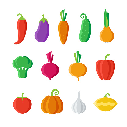 ✓ Imagen de Conjunto de verduras de dibujos animados aisladas sobre fondo  blanco. Colección de verduras de colores. Diseño plano. Para productos para  niños. Patisson, chile brócoli, nabo de cebolla zanahoria, pepino