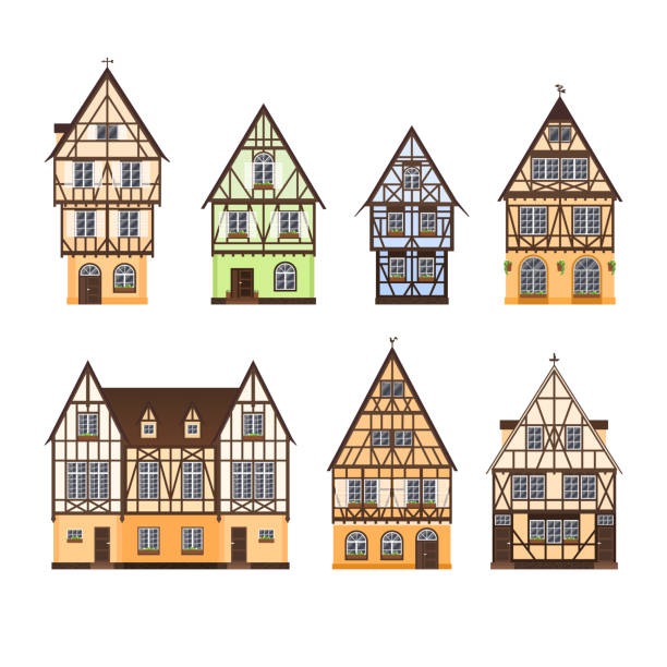 *-Set of isolated colored half timbered buildings on white background. Collection of flat facades of european framing houses, cottages. Set of isolated colored half timbered buildings on white background. Collection of flat facades of european framing houses, cottages half timbered stock illustrations
