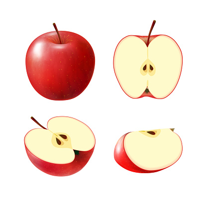 Set of isolated colored red apple half, slice and whole juicy fruit on white background. Realistic fruit collection.
