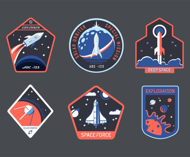 Set of isolated cosmos or universe concept chevron Set of isolated cosmos or universe concept chevron or astronaut patch, galaxy explorer stripe or cosmonaut retro badge. Logo with shuttle and rocket, satellite and solar system. Mars exploration theme rocketship icons stock illustrations