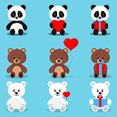 Set of isolated cute holiday bears in sitting pose with gifts and hearts brown bear, polar bear, panda on blue background in cartoon flat style. Vector clip art illustration.