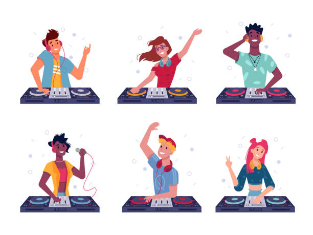 Set of isolated dj at turntable. Party man and woman play at disco. Cartoon male and female with headphone and mic, vinyl. Night discotheque or nightclub sign. Disc jockey scratching. Music, sound Set of isolated dj at turntable. Party man and woman play at disco. Cartoon male and female with headphone and mic, vinyl. Night discotheque or nightclub sign. Disc jockey scratching. Music, sound dj stock illustrations