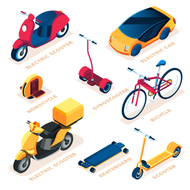 ilustrações de stock, clip art, desenhos animados e ícones de set of isolated eco or ecology transport vehicle. electric scooter and electrical car, monocycle and gyro scooter, skateboard and gyroscooter, bicycle. green energy vehicle. environment and ecologic - trotinetes