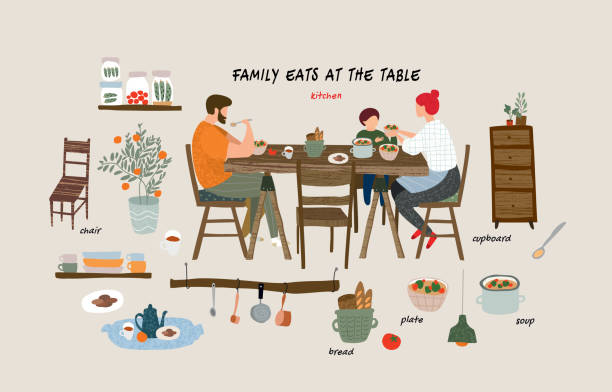 bildbanksillustrationer, clip art samt tecknat material och ikoner med uppsättning isolerade platta vektorelement: lycklig familj äter frukost, lunch eller middag vid bordet hemma i köket och inredningsföremål och möbler i vardagsrummet i lägenheten - family dinner