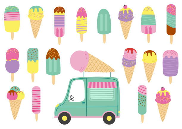 ilustraciones, imágenes clip art, dibujos animados e iconos de stock de conjunto de aislados helado y carro - ice cream truck