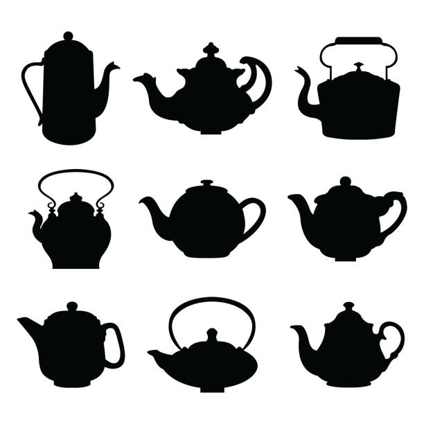 Set of isolated icon silhouette Kettles, Teapots, Coffee pot.  Abstract design logo. Logotype art - vector Set of isolated icon silhouette Kettles, Teapots, Coffee pot.  Abstract design logo. Logotype art - vector breakfast silhouettes stock illustrations