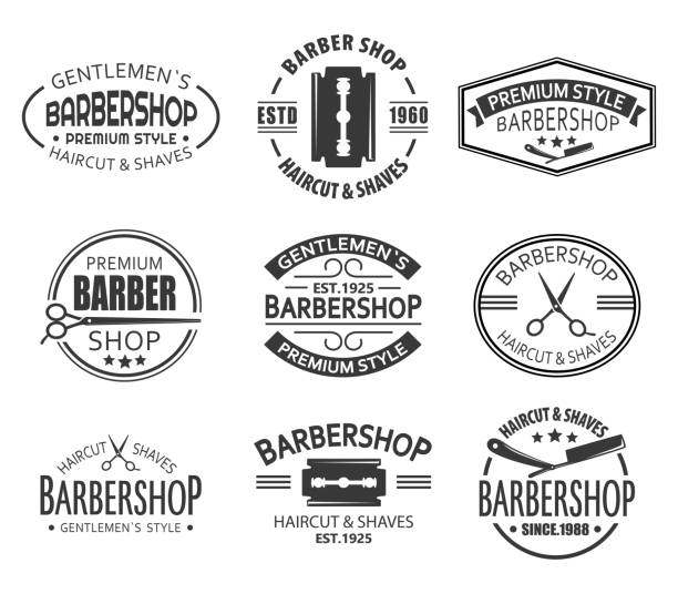 Set of isolated logo or signs for barber shop Logo for barbershop or set of isolated branding signs for haircut and shaving saloon. Logotype with scissors for gentleman comb. Man advertising and branding, classic ads for premium business vintage beauty salon stock illustrations