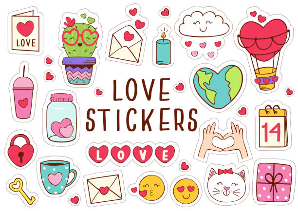 ilustrações de stock, clip art, desenhos animados e ícones de set of isolated love stickers part 1 - happy traveling