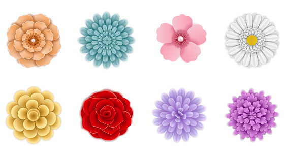 set of isolated paper flowers