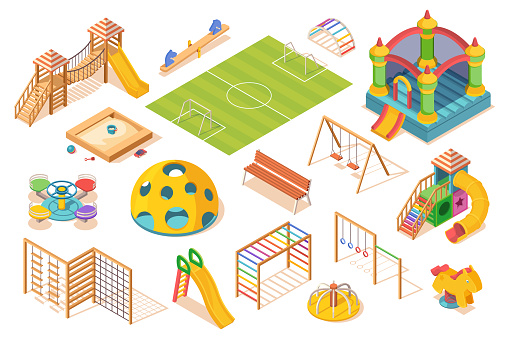 Set of isolated playground elements, isometric view. Children or kids play ground equipment. Slide and carousel, soccer field and swing, sandpit, swedish ladder, castle and bench. Play and game item