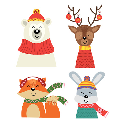 set of isolated polar bear, deer, hare, fox