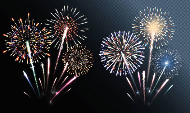 ilustraciones, imágenes clip art, dibujos animados e iconos de stock de conjunto de vector de aislamiento de fuegos artificiales - fireworks