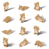 A series of 12 cute vector cartoon teddy bears, drawn in isometric style with flat colour and shadow layers. Suitable for creating a repetitive pattern or print.
