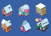 A Set of Isometric Christmas House Icons. Vector Illustration.