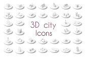 Set of isometric city icons. Three-dimensional signs and symbols on urban theme with buildings, houses and structure for real estate agencies and sites