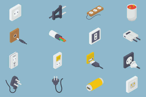 Set of Isometric Electronics Plugs icon and socket. Electronic power illustration concept. Vector Set of Isometric Electronics Plugs icon and socket. Electronic power illustration concept. Vector electrical connectors stock illustrations