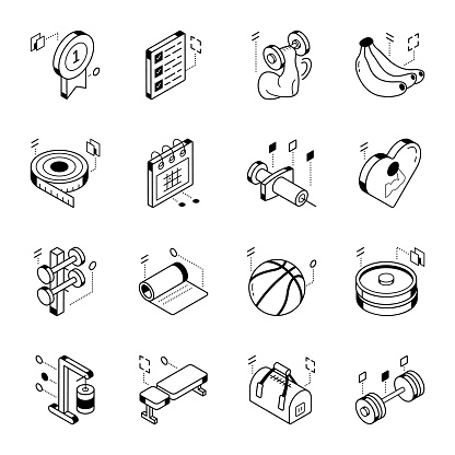 Set of Isometric Icons of Fitness and Gym