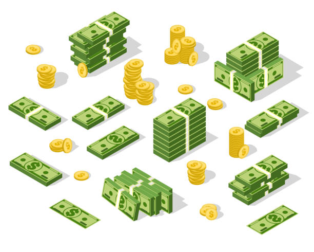 Set of isometric money isolated on white background Set of isometric money isolated on white background. Golden coins and paper dollars illustration. A lot of cash money. pile of money stock illustrations
