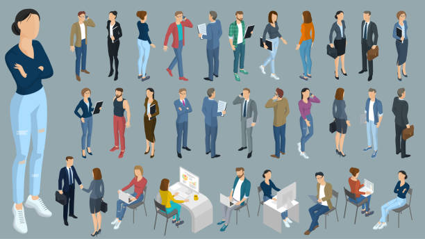 Set of isometric vector people Set of isometric 3d flat design vector standing and sitting people different characters, styles and professions. Isometric acting man full length diverse acting poses front and back view collection isometric projection stock illustrations