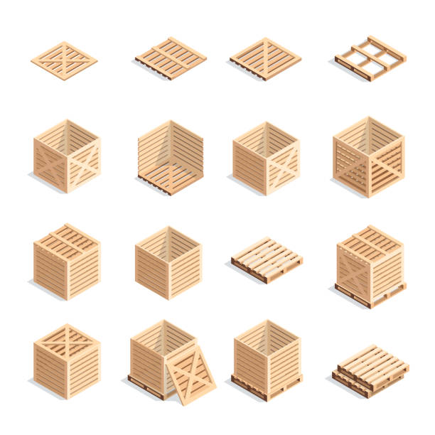 Set of isometric wooden boxes and pallets. Set of isometric wooden boxes and pallets. 3d wooden containers on pallets. Open and closed boxes isolated on white background. Vector illustration. crate stock illustrations