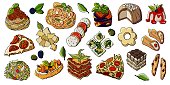 Set of Italian cuisine dishes. Cartoon style. White background, isolator. Stock illustration
