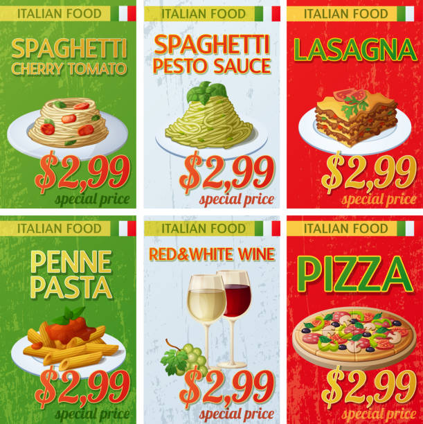 Set of Italian cuisine labels. Vector illustration Set of Italian cuisine labels. Cartoon vector illustration. Design templates of food banners. pasta borders stock illustrations