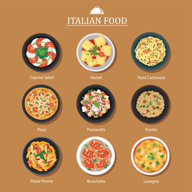 イタリア料理フラットなデザインのセットです。ベクトル図の背景。 - 料理　俯瞰点のイラスト素材／クリップアート素材／マンガ素材／アイコン素材