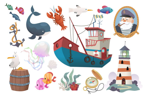 ilustraciones, imágenes clip art, dibujos animados e iconos de stock de conjunto de artículos relacionados con la pesca en el mar. capitán retro de un arrastrero oxidado en ocean village. - alaska
