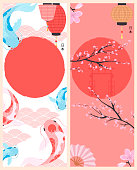 Set of Japan posters with koi fish and traditional famous elements and symbols. Japan wording translation: "Japan". Editable vector illustration
