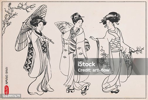 istock Set of Japanese women in kimono. Hand drawn vector illustration. 1283997679