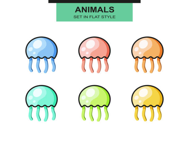 zestaw meduzy w płaskie stylu z pociągnięcia, różnych kolorach - medusa stock illustrations
