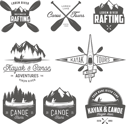 Set of kayak and canoe emblems, badges and design elements.