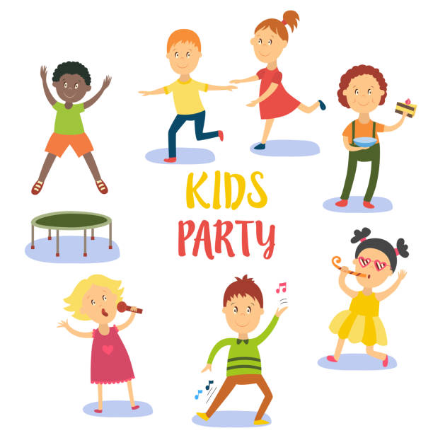 Set of kids, children having fun at birthday party Kids, children, boys and girls having fun at birthday party, flat cartoon vector illustration isolated on white background. Kids party - boys and girls sing, dance, eat birthday cake, jump and run clip art of kid jumping on trampoline stock illustrations
