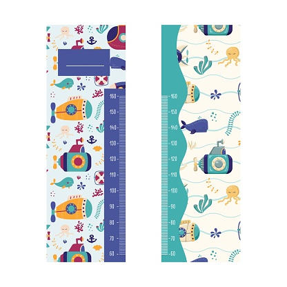 Set of Kids height chart. Kids height chart on the theme of the sea in cartoon style. Childish meter wall for nursery design. Great for girl and boy. Hand-drawn. Vector illustration.