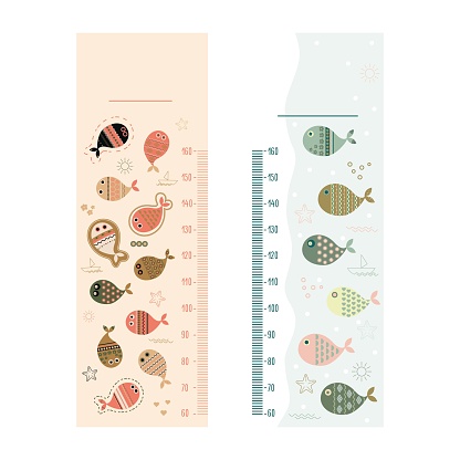 Set of Kids height chart. Kids height chart with fish in cartoon style. Childish meter wall for nursery design. Great for girl and boy. All objects are separated. Hand-drawn. Vector illustration