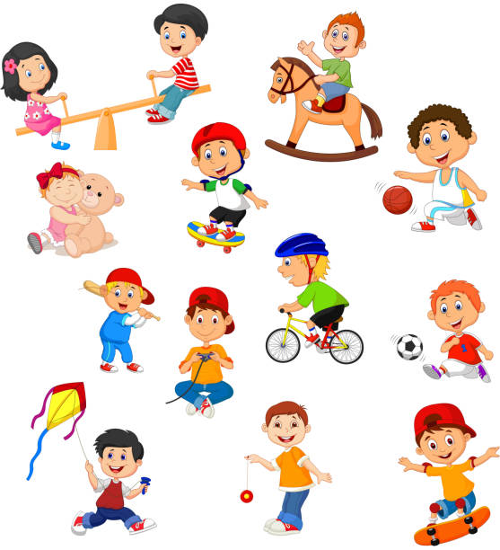illustrazioni stock, clip art, cartoni animati e icone di tendenza di set di bambini con diverse attività sportive - joystick soccer