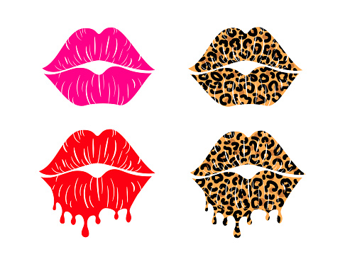 Set of kissing lips with leopard print isolated on a white background for poster or banner. Vector stock illustration.
