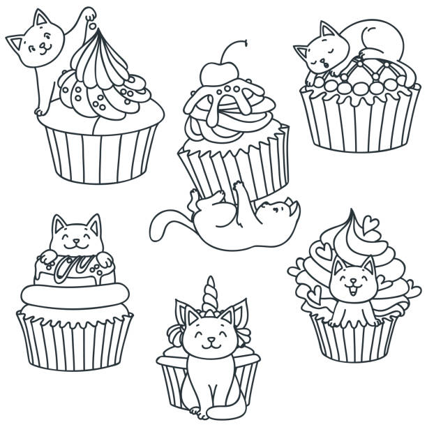 Set of kittens and cupcakes Back and white doodle illustration of a cute little kittens with cupcakes isolated on white. Vector 8 EPS. cupcakes coloring pages stock illustrations