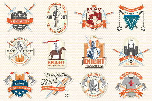 Set of Knight historical club badge, t-shirt design. Vector. Concept for shirt, print, stamp, overlay or template. Vintage typography design with knight with sword and castle silhouette.