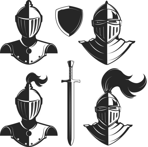 Set of knights helmets isolated on white background. Set of knights helmets isolated on white background. Design elements for label, emblem, sign, badge, brand mark. Vector illustration. helmet stock illustrations