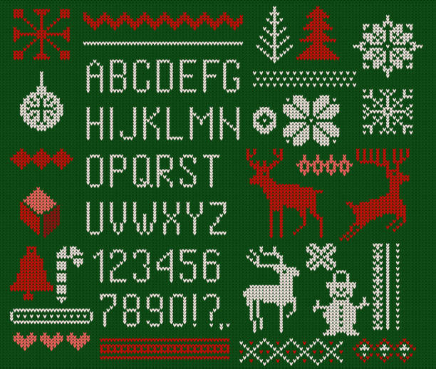 Set of knitted font, elements and borders for Christmas, New Year or winter design. Ugly sweater style. Sweater ornaments for scandinavian pattern. Vector illustration. Isolated on green background. Set of knitted font, elements and borders for Christmas, New Year or winter design. Ugly sweater style. Sweater ornaments for scandinavian pattern. Vector illustration. Isolated on green background. ugliness stock illustrations